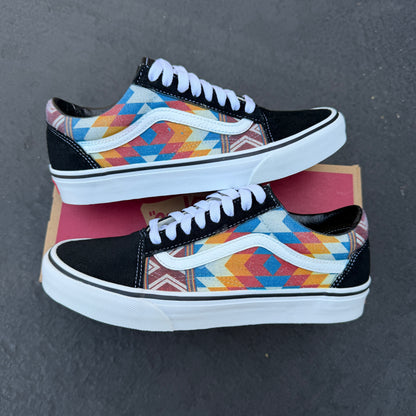 Orange and Blue Native American Inspired Tribal Pattern on Vans Old Skool Shoes Southwest Pattern Customized Sneakers