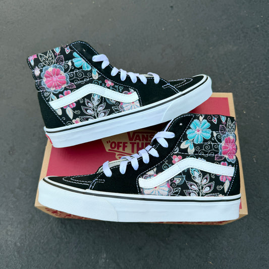 Embroidery Inspired Black Vans Sk8 Hi Top Shoes - Custom Vans Shoes for Women and Men