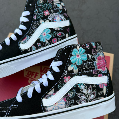 Embroidery Inspired Black Vans Sk8 Hi Top Shoes - Custom Vans Shoes for Women and Men