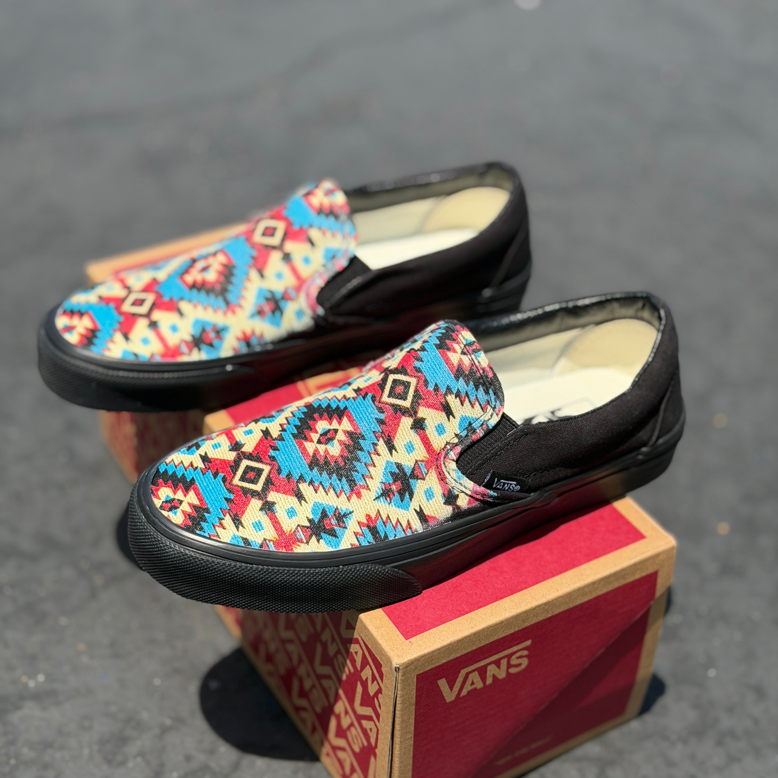 Turquoise Native American Inspired Tribal Pattern on Vans Slip On