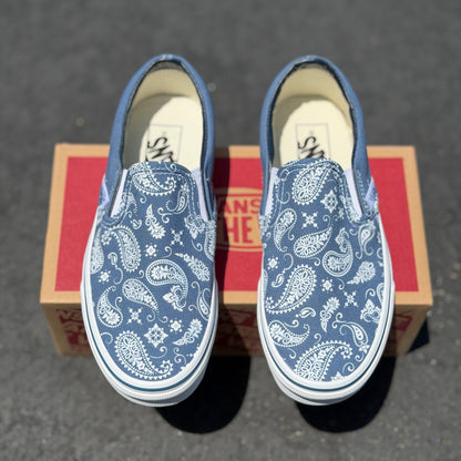 Paisley Vans Shoes - Custom Bandana Theme Navy Slip On Vans Shoes