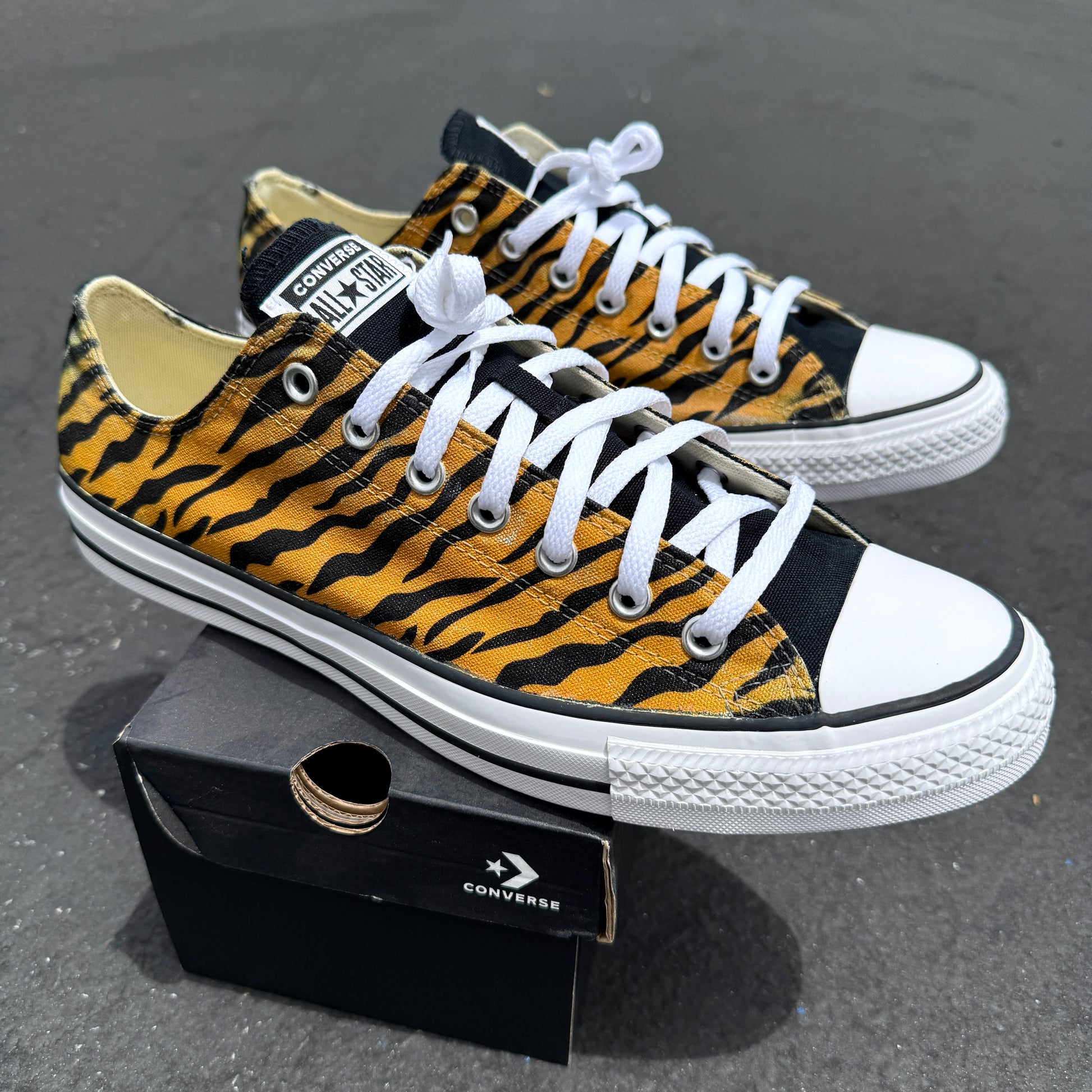 royal bengal tiger stripes animal print converse Chuck Taylor low top shoes custom sneakers for women and men