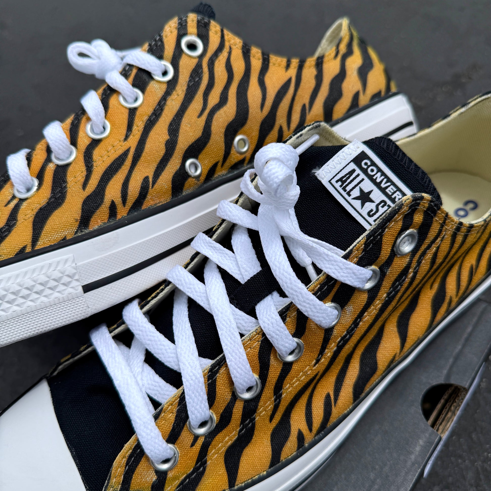 royal bengal tiger stripes animal print converse Chuck Taylor low top shoes custom sneakers for women and men