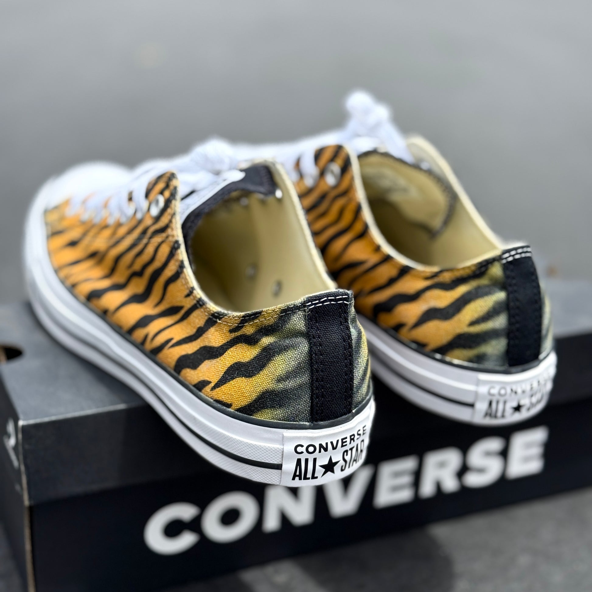royal bengal tiger stripes animal print converse Chuck Taylor low top shoes custom sneakers for women and men
