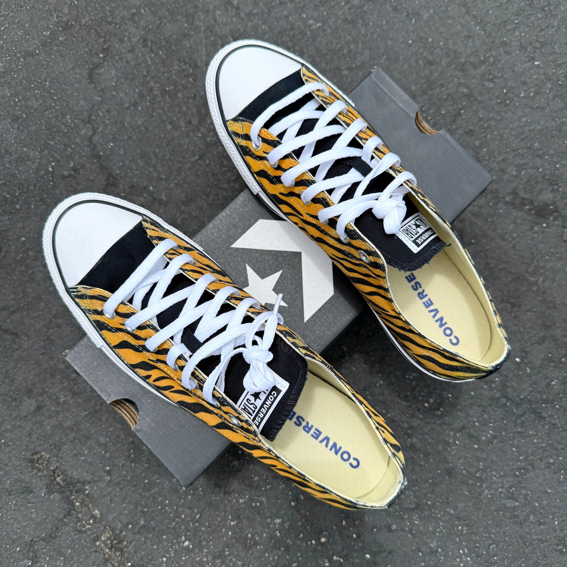 royal bengal tiger stripes animal print converse Chuck Taylor low top shoes custom sneakers for women and men