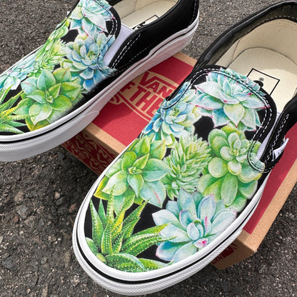 Sucker for Succulents - Black Slip On Vans