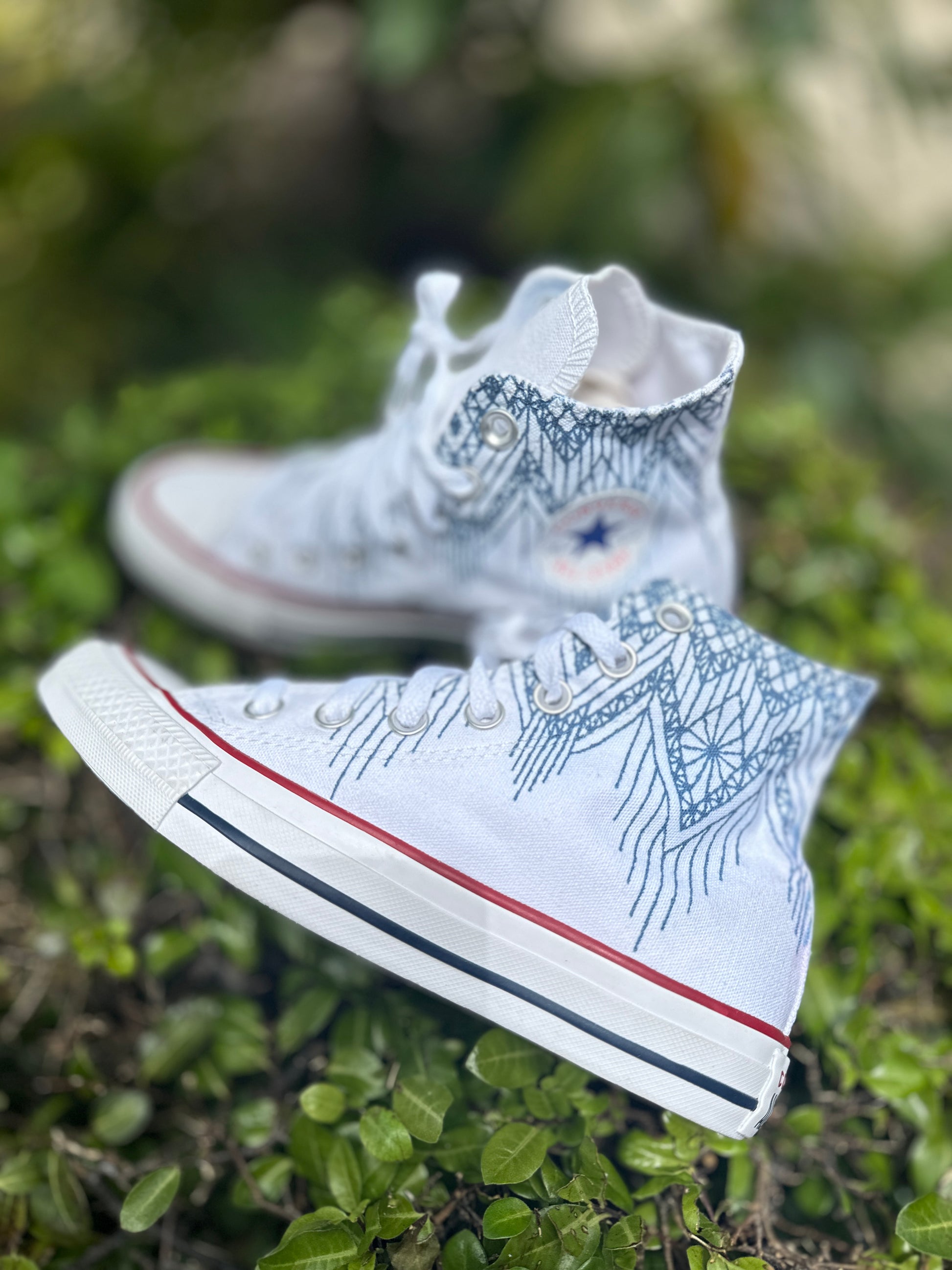 Blue Lace Pattern White High Tops - Casual Comfortable Wedding Shoes -  Custom Converse Shoes
