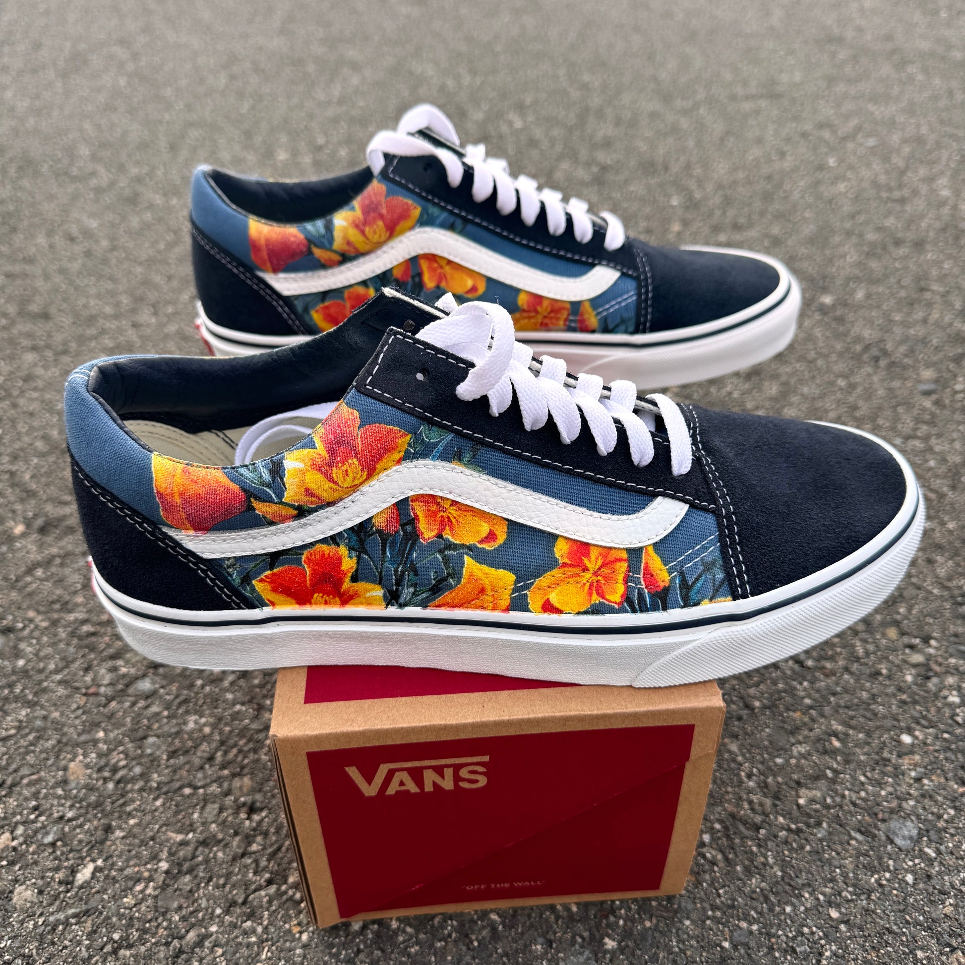 California Poppy Flowers on Navy Vans Old Skool Shoes – BlvdCustom