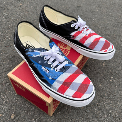American Flag Patriotic Red White And Blue - Black Custom Vans Shoes