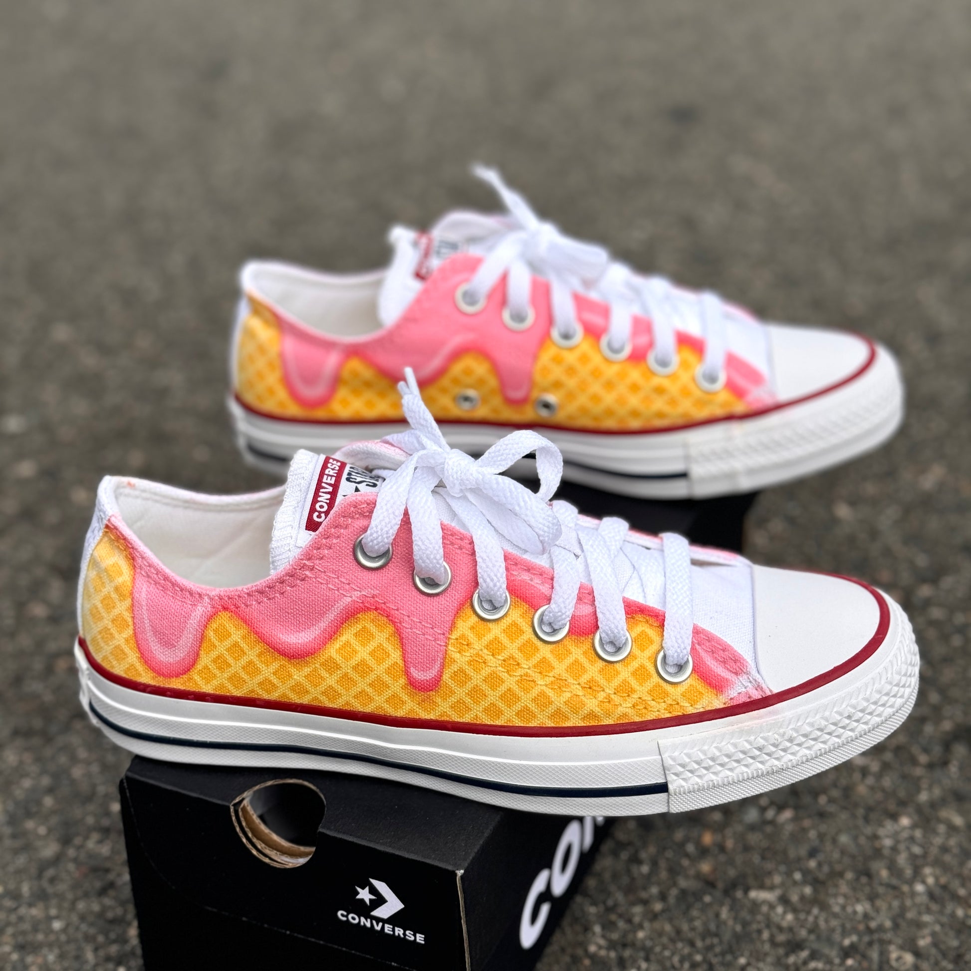 Waffle Cone Ice Cream Drip White Converse Low Top Shoes Womens