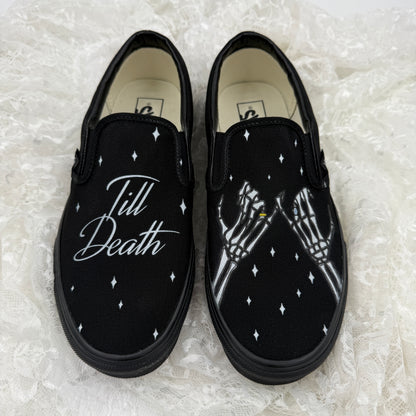 Till Death Pinky Promise Twinkle Custom Wedding Vans Slip On All Black Shoes