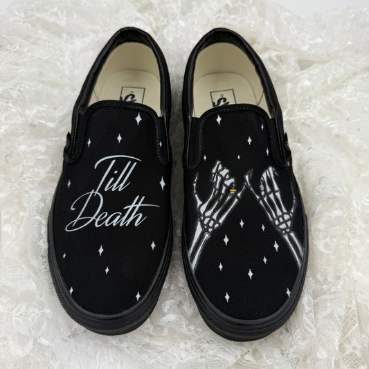Till Death Pinky Promise Twinkle Custom Wedding Vans Slip On All Black Shoes