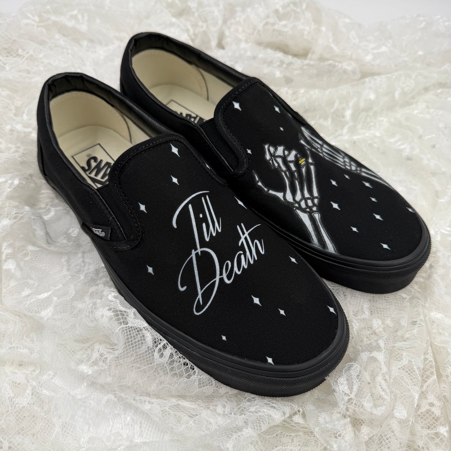 Till Death Pinky Promise Twinkle Custom Wedding Vans Slip On All Black Shoes