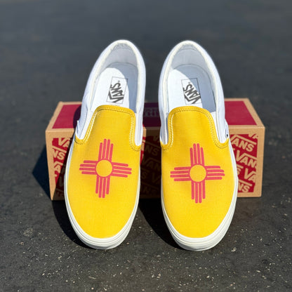 New Mexico State Flag on White Slip On Vans Shoes Customized
