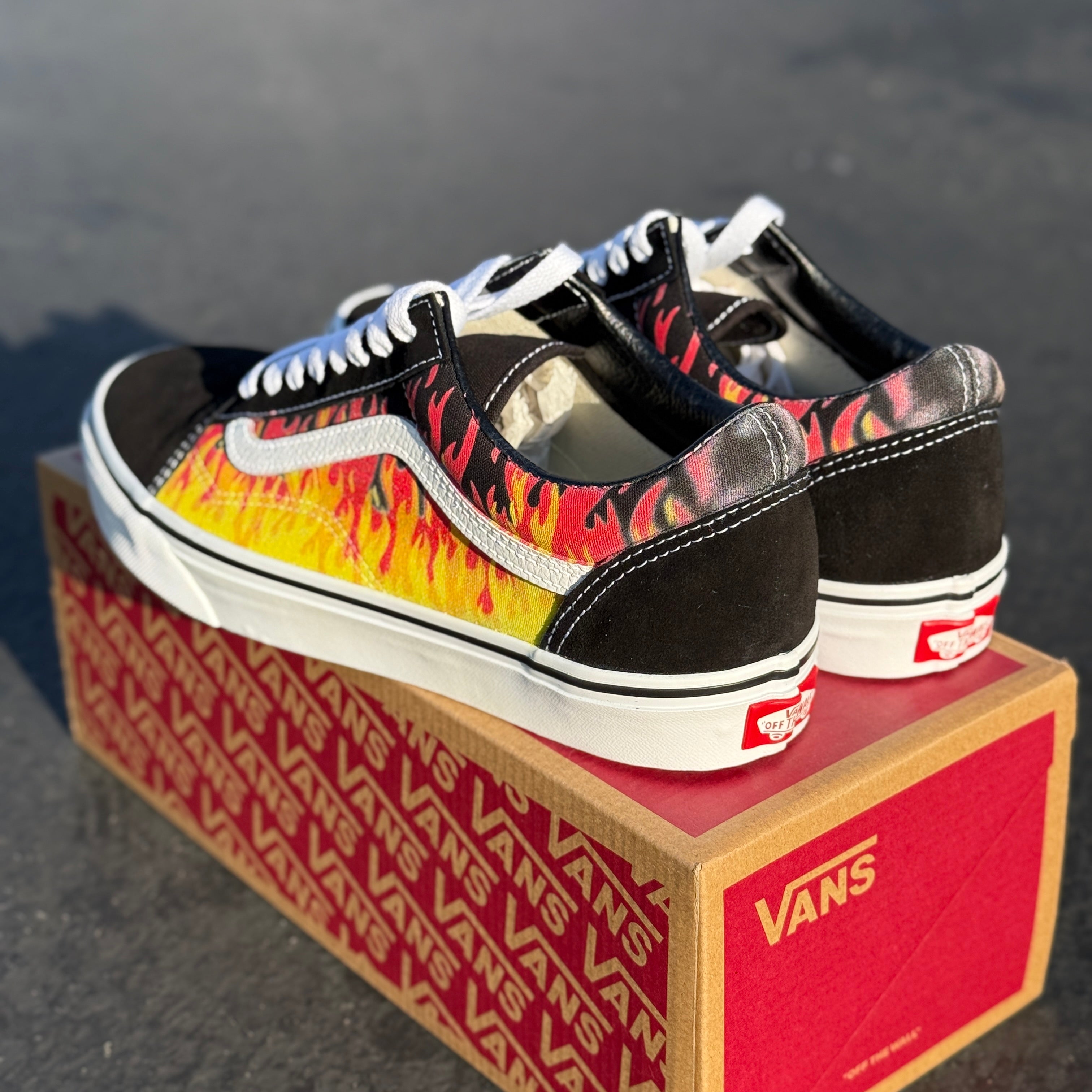 Red Hot Flames on Black Vans Old Skool Shoes – BlvdCustom