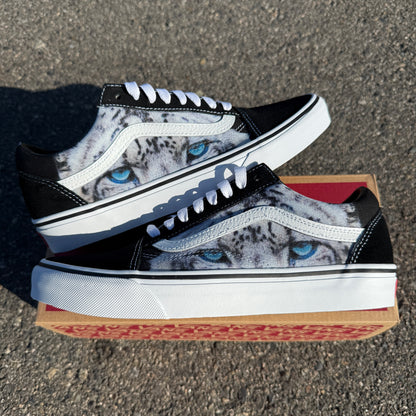 Snow Leopard blue eyes Vans Old Skool shoes customized unisex sneakers for women and men