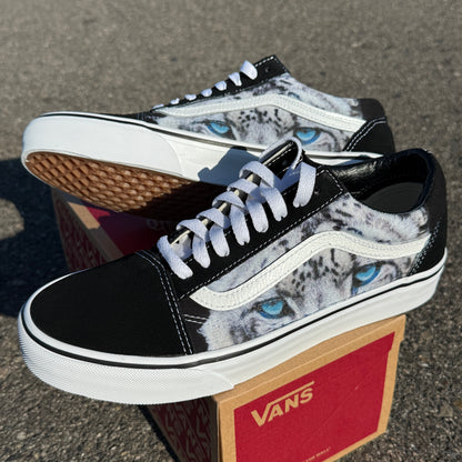 Snow Leopard blue eyes Vans Old Skool shoes customized unisex sneakers for women and men