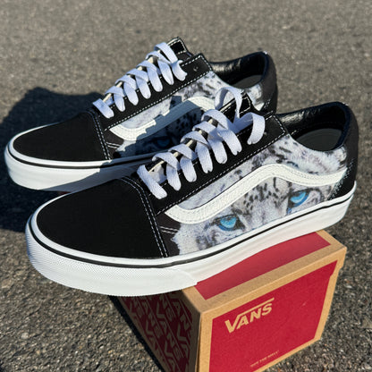 Snow Leopard blue eyes Vans Old Skool shoes customized unisex sneakers for women and men