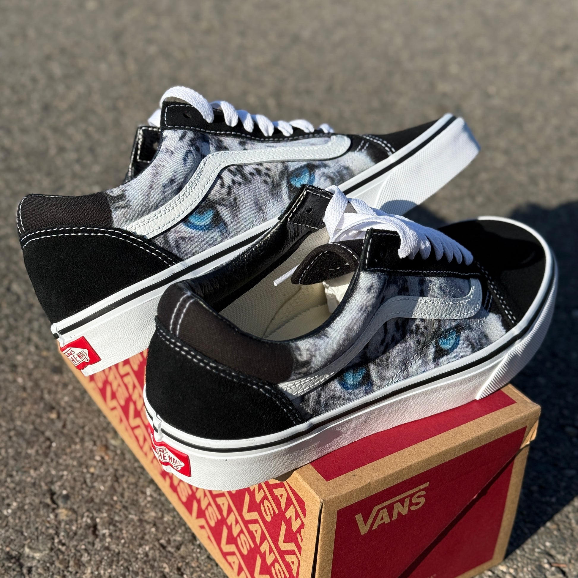 Snow Leopard blue eyes Vans Old Skool shoes customized unisex sneakers for women and men