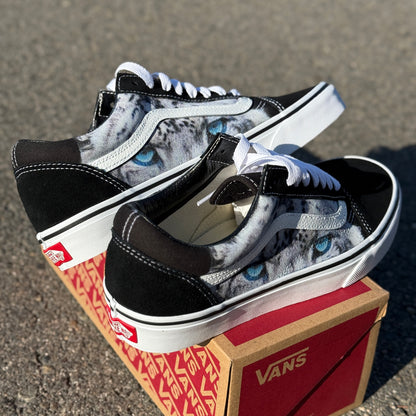 Snow Leopard blue eyes Vans Old Skool shoes customized unisex sneakers for women and men