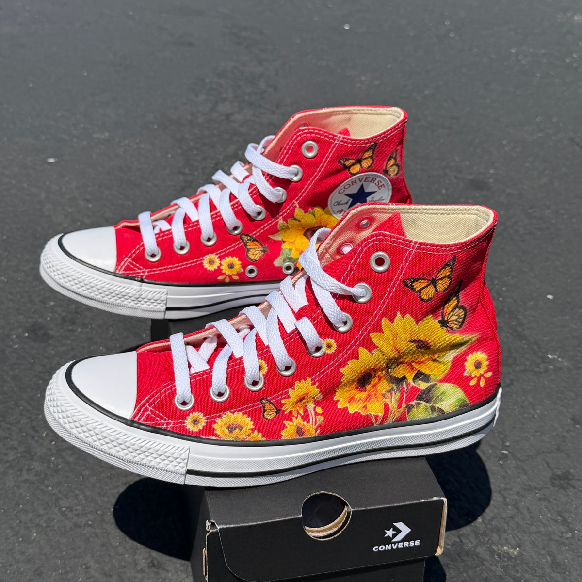 Red Converse Sunflowers Chuck Taylor High Tops Customized Sneakers