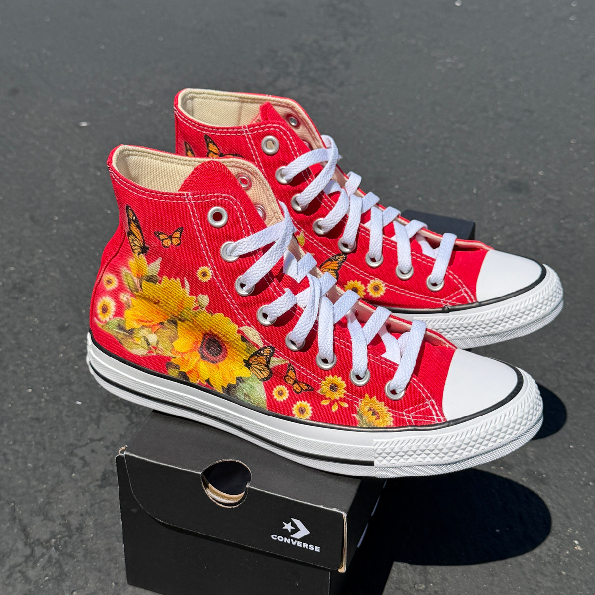 Red Converse Sunflowers Chuck Taylor High Tops Customized Sneakers