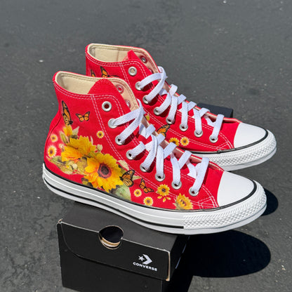 Red Converse Sunflowers Chuck Taylor High Tops Customized Sneakers