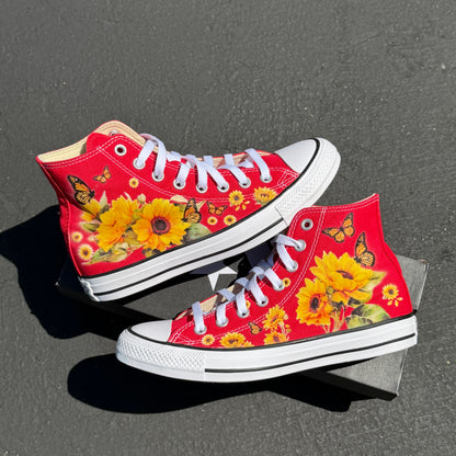 Red Converse Sunflowers Chuck Taylor High Tops Customized Sneakers