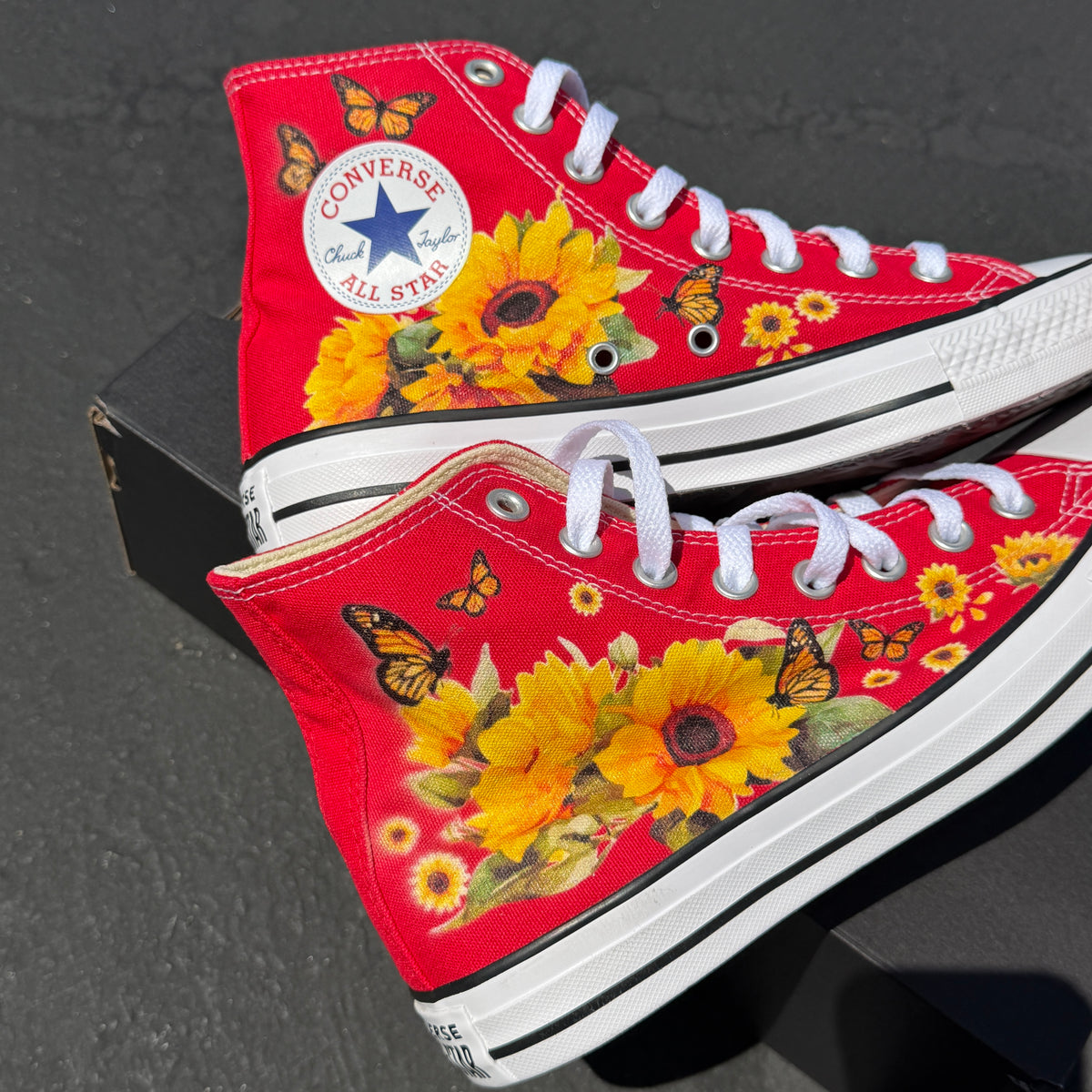 Red Converse Sunflowers Chuck Taylor High Tops Customized Sneakers