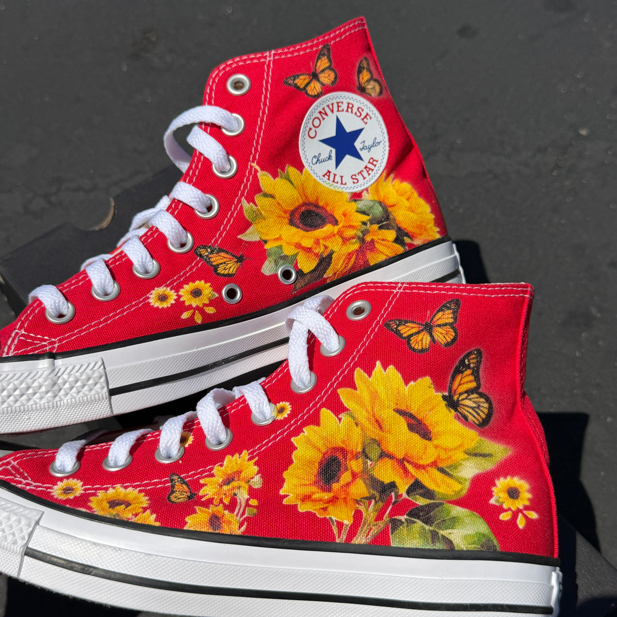 Red Converse Sunflowers Chuck Taylor High Tops Customized Sneakers