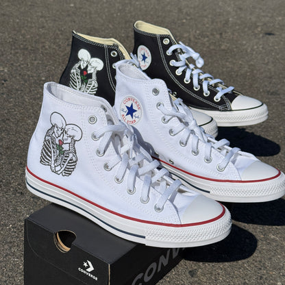 Till Death Kissing Skeletons White High Tops - Casual Comfortable Wedding Shoes - Custom Chuck Taylor Converse Couples Shoes