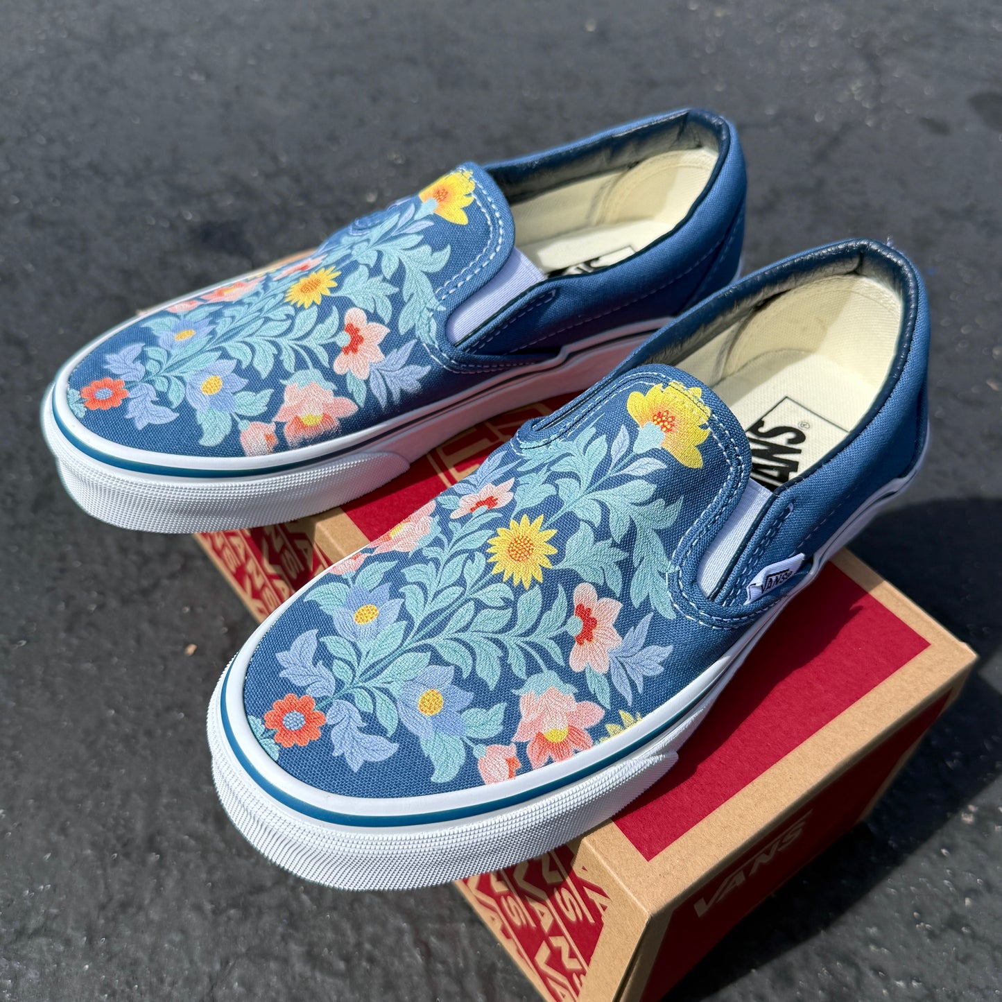 Illustrated Flower Vine Custom Navy Vans Slip On Shoes