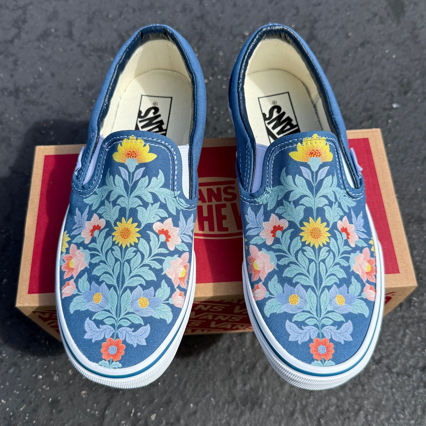 Illustrated Flower Vine Custom Navy Vans Slip On Shoes