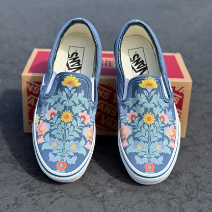 Illustrated Flower Vine Custom Navy Vans Slip On Shoes