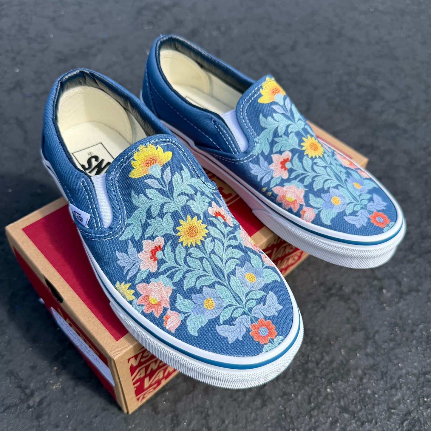 Illustrated Flower Vine Custom Navy Vans Slip On Shoes