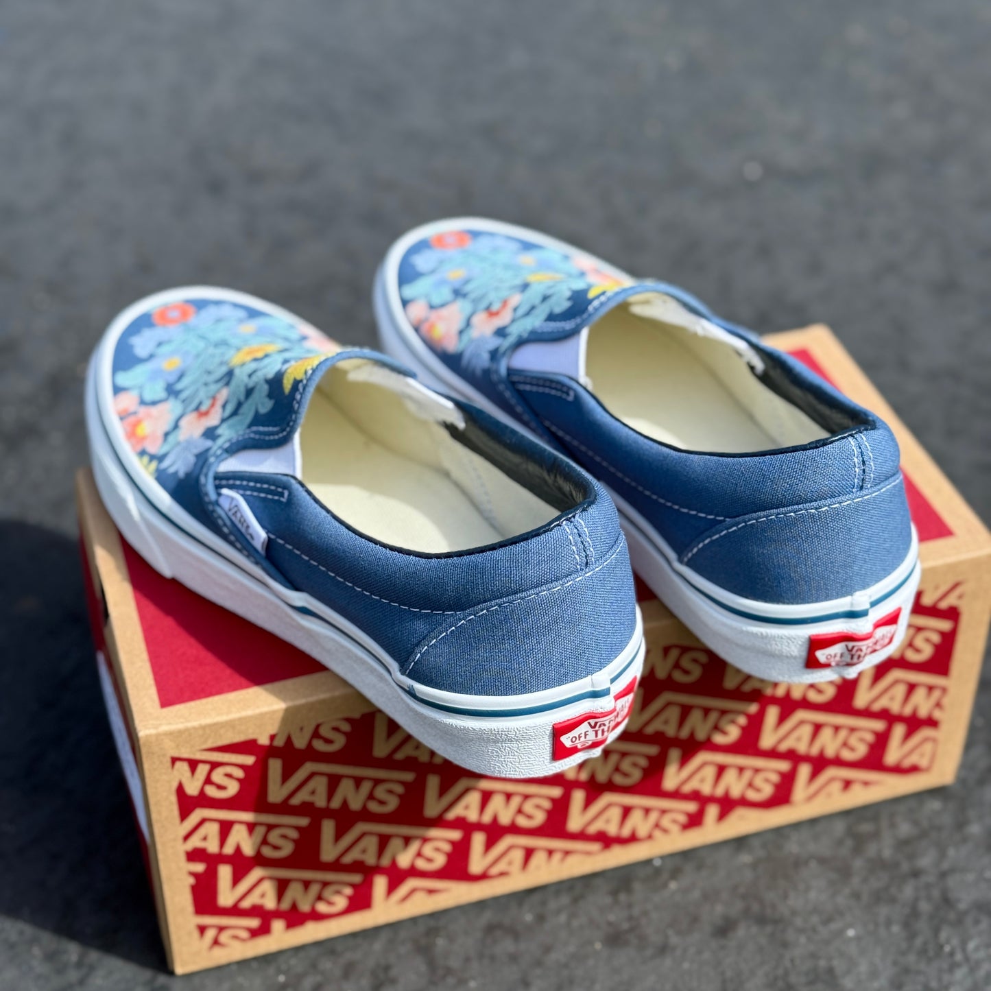 Illustrated Flower Vine Custom Navy Vans Slip On Shoes