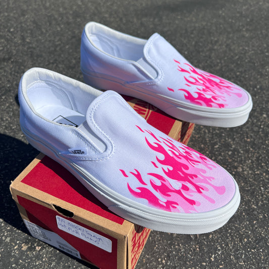 Hot Pink Flame Shoes - Custom Vans White Slip On Shoes