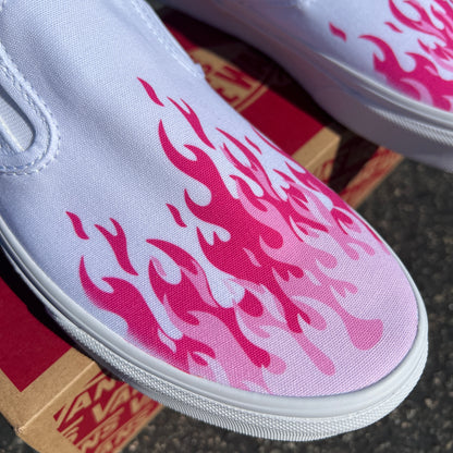 Hot Pink Flame Shoes - Custom Vans White Slip On Shoes