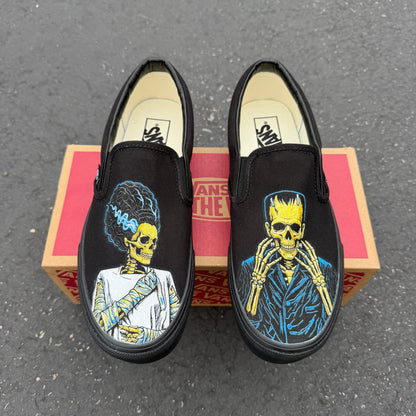 Frankenstein and Bride All Black Vans Slip On Shoes