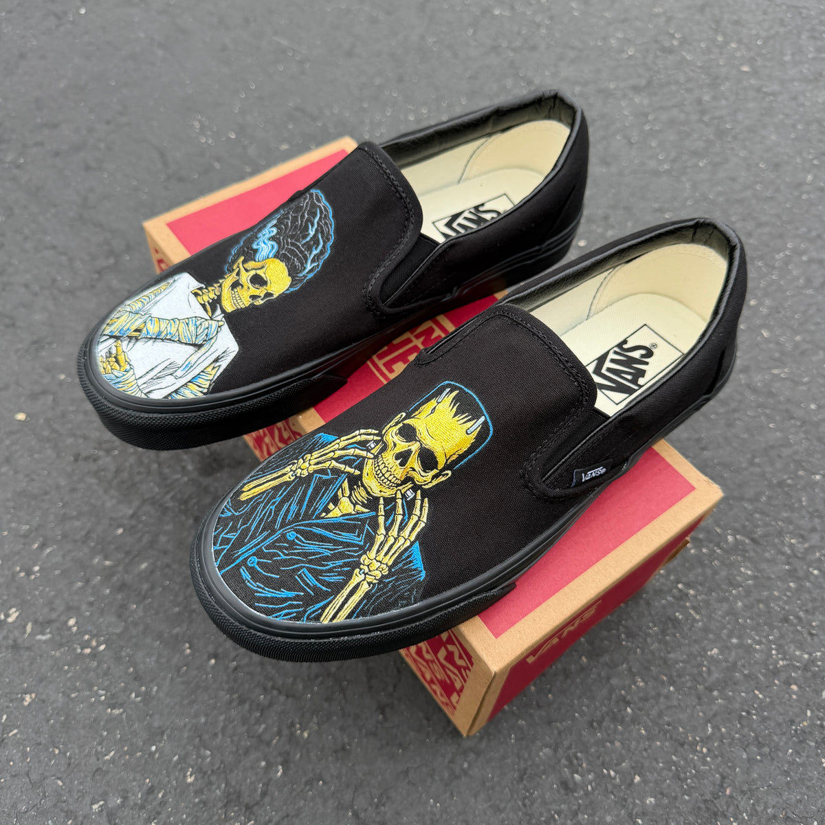 Frankenstein and Bride All Black Vans Slip On Shoes