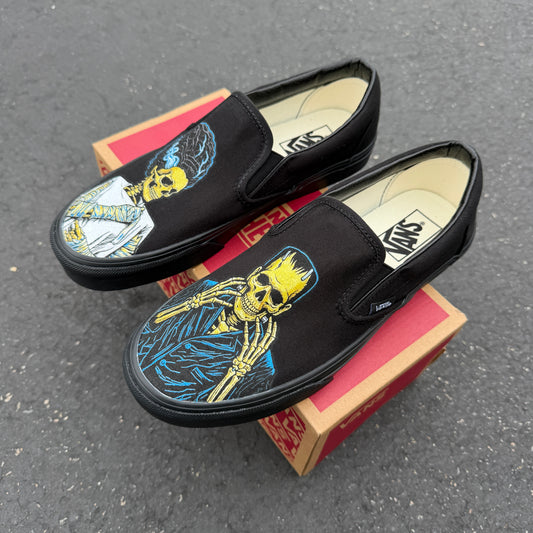 Frankenstein and Bride All Black Vans Slip On Shoes