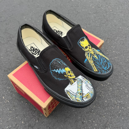 Frankenstein and Bride All Black Vans Slip On Shoes