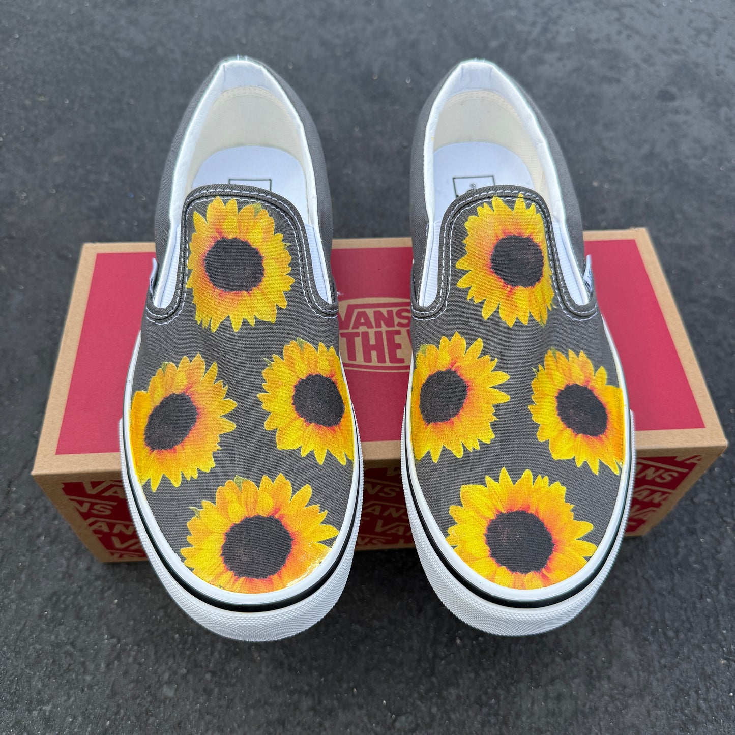 Sunflowers on Charcoal Grey Vans Slip On Shoes - Men's and Women's Charcoal Gray Custom Vans Sneakers