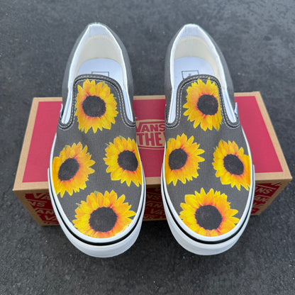 Sunflowers on Charcoal Grey Vans Slip On Shoes - Men's and Women's Charcoal Gray Custom Vans Sneakers