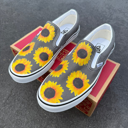 Sunflowers on Charcoal Grey Vans Slip On Shoes - Men's and Women's Charcoal Gray Custom Vans Sneakers