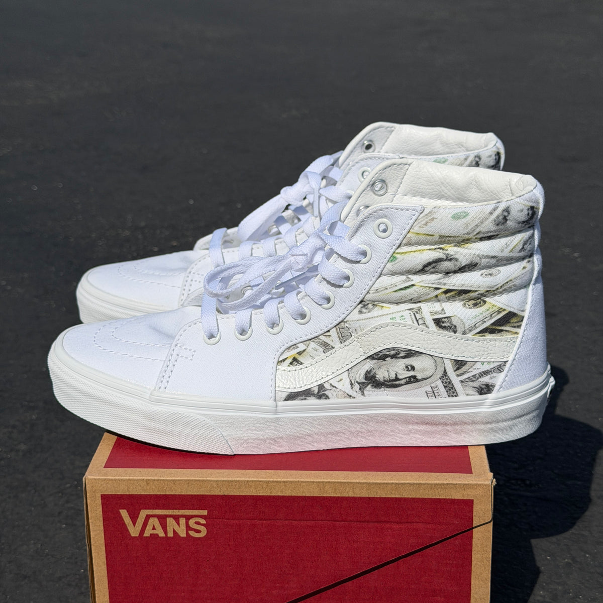 Money White Vans Sk8 Hi Shoes Customized