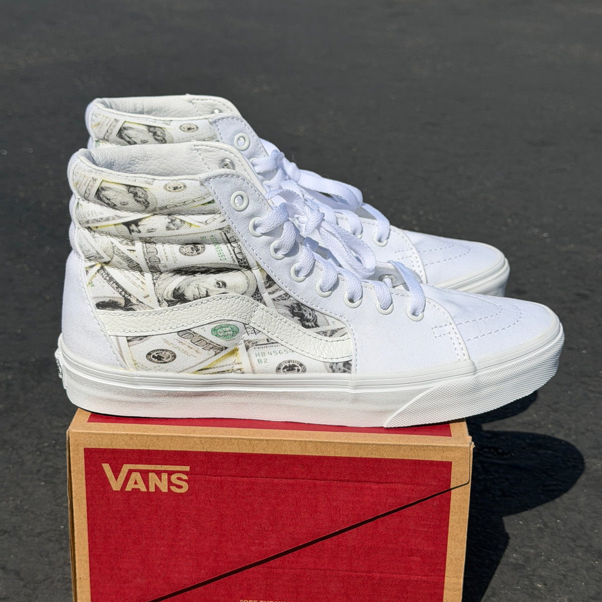 Money White Vans Sk8 Hi Shoes Customized