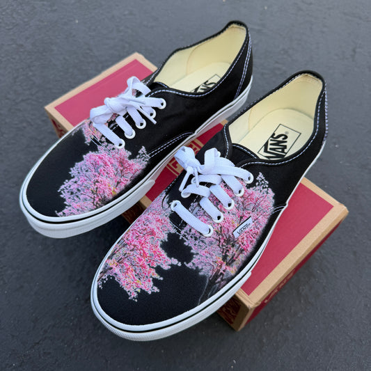 Cherry Blossoms on Custom Black Vans Authentic Shoes for Women and Men