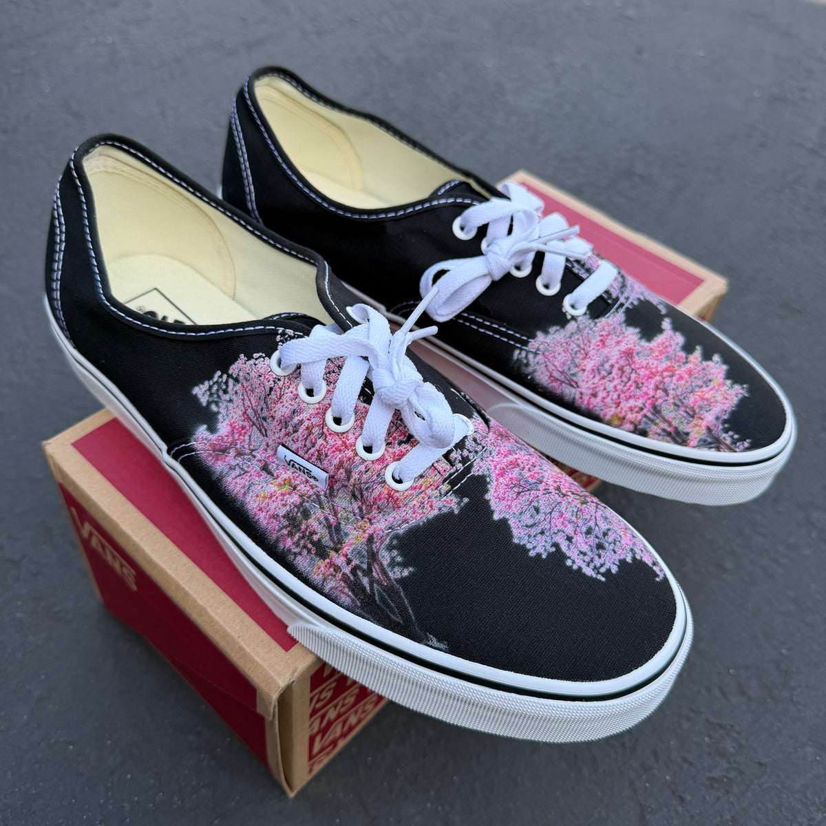 Cherry Blossoms on Custom Black Vans Authentic Shoes for Women and Men