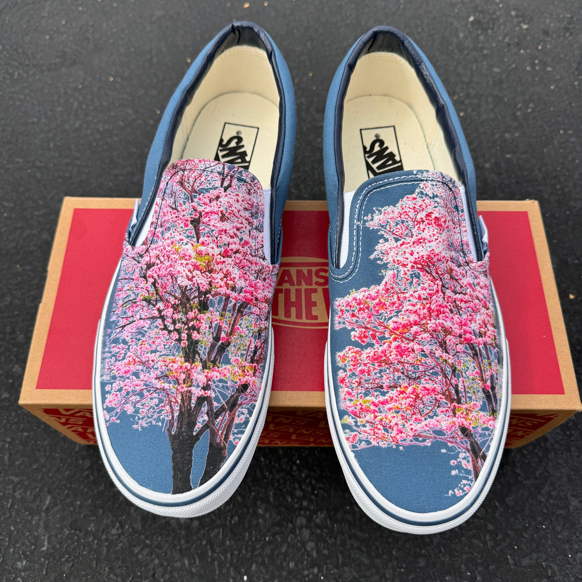 Cherry Blossoms on Custom Navy Slip On Vans Shoes for Women 